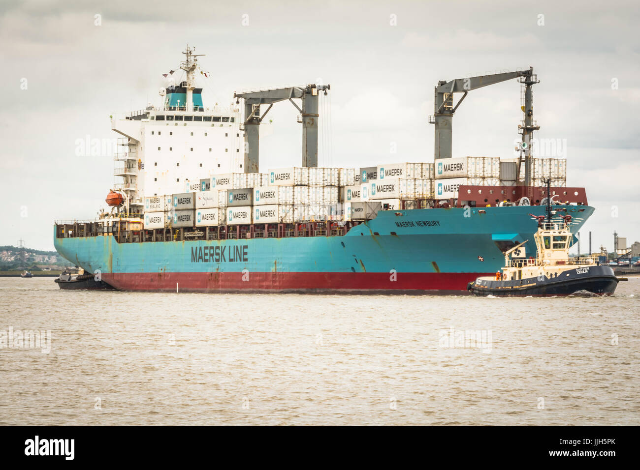 La Maersk container di attracco della nave a Tilbury Docks, Tilbury, Essex, Regno Unito Foto Stock