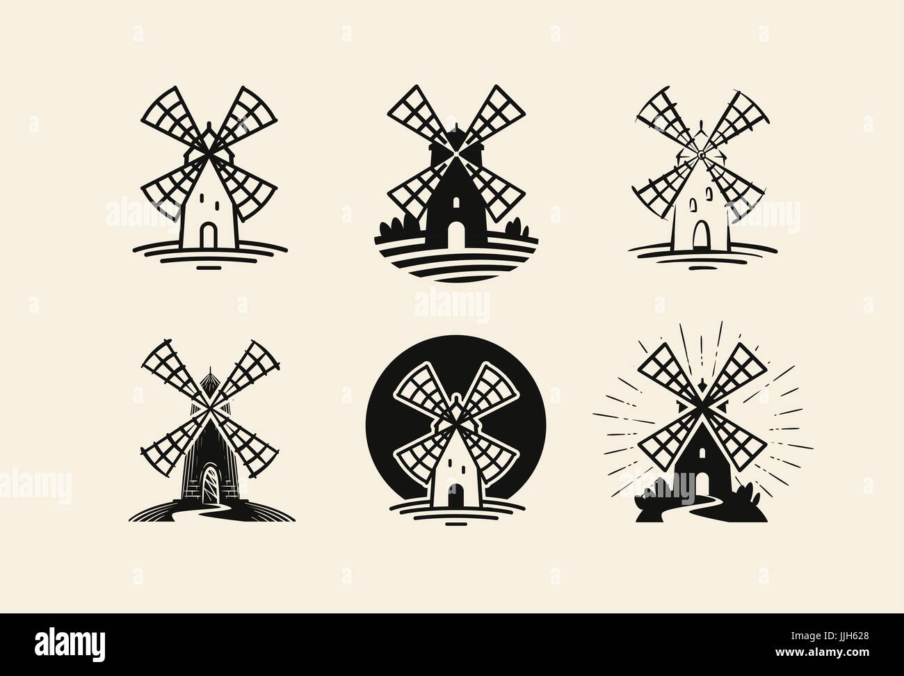 Mulino a vento mulino, logo o etichetta. Farina, panetteria set di icone. Illustrazione Vettoriale Illustrazione Vettoriale
