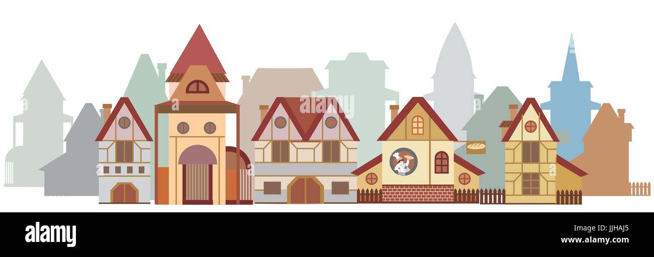 Panorama con coloratissime case di cartoni animati in stile Europeo isolati su sfondo bianco Illustrazione Vettoriale