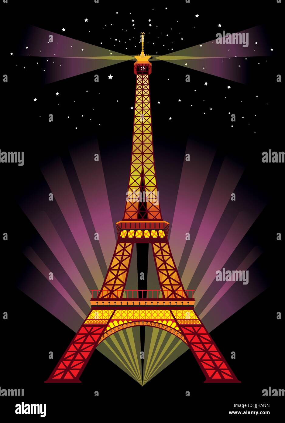 Illustrazione Vettoriale: colorata torre Eiffel nella notte con faretti e srars su sfondo nero Illustrazione Vettoriale