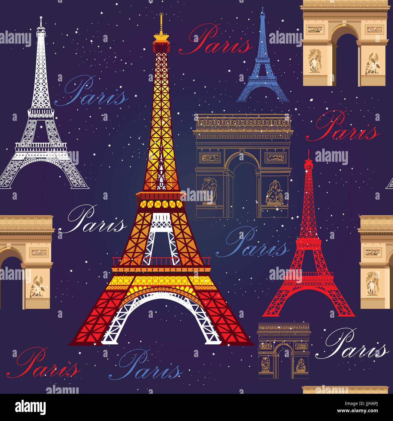 Modello senza cuciture con colorati torre Eiffel, Arco Trionfale e stelle su sfondo blu Illustrazione Vettoriale