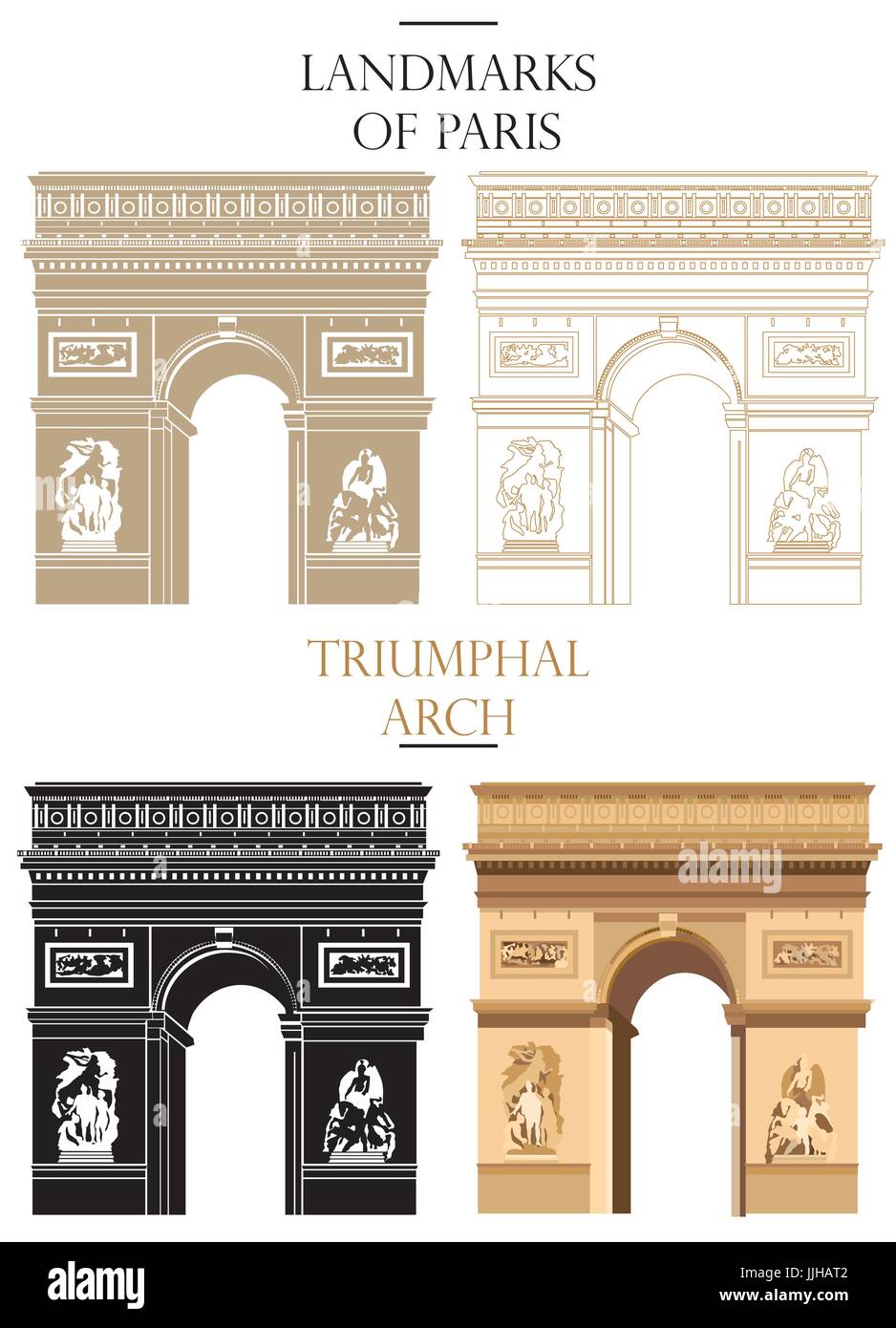 Set di vettore isolato Arco Trionfale in bianco e nero e colori: contorno e silhouette su sfondo bianco Illustrazione Vettoriale