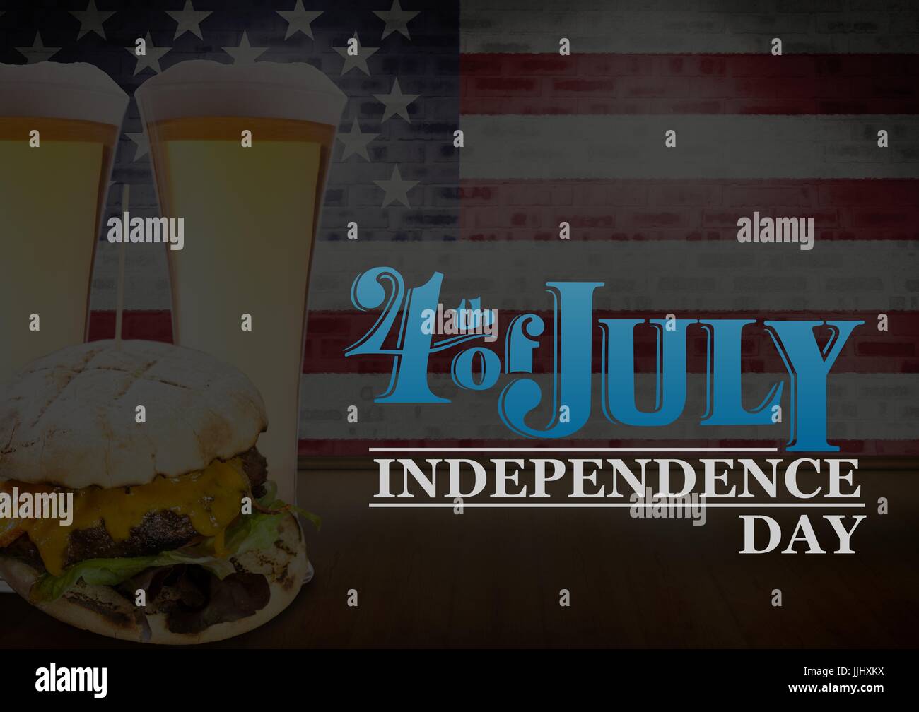 Poster del giorno di indipendenza con hamburger e birre Foto Stock