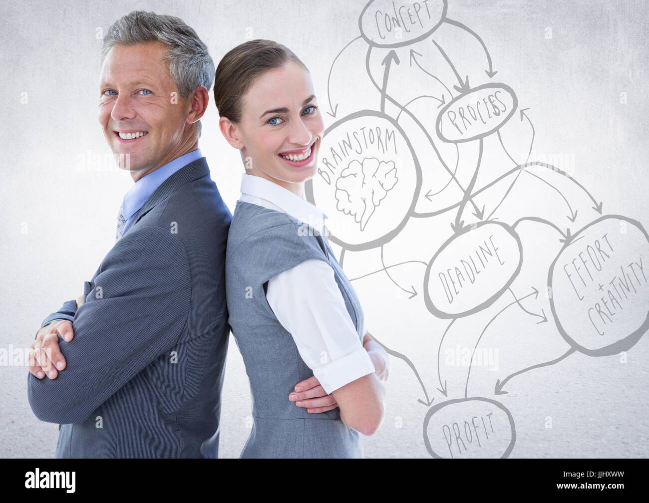 3d la gente di affari di schiena contro il muro bianco con concetto doodle Foto Stock