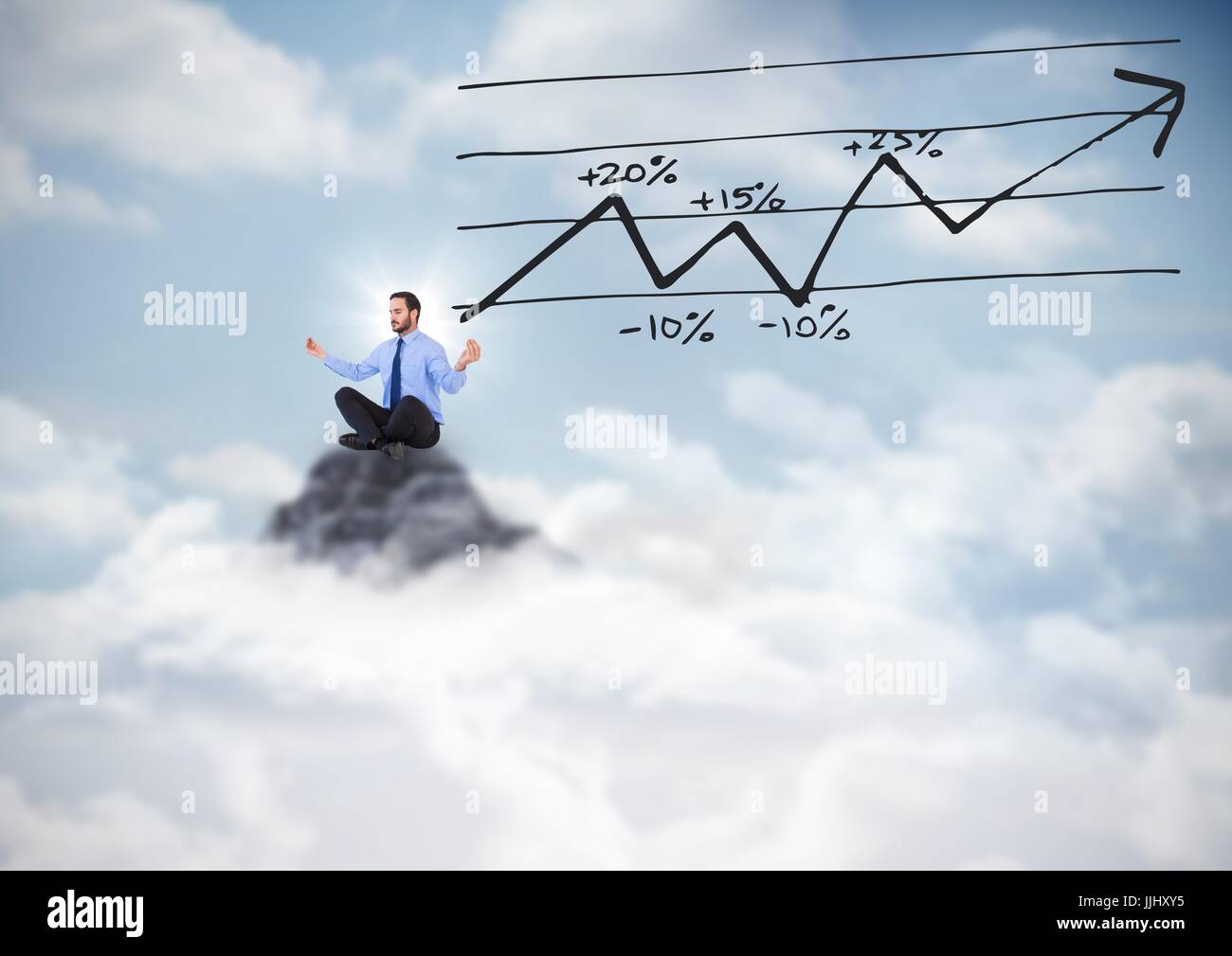 Business man meditando sul picco di montagna con 3d grafico a freccia Foto Stock