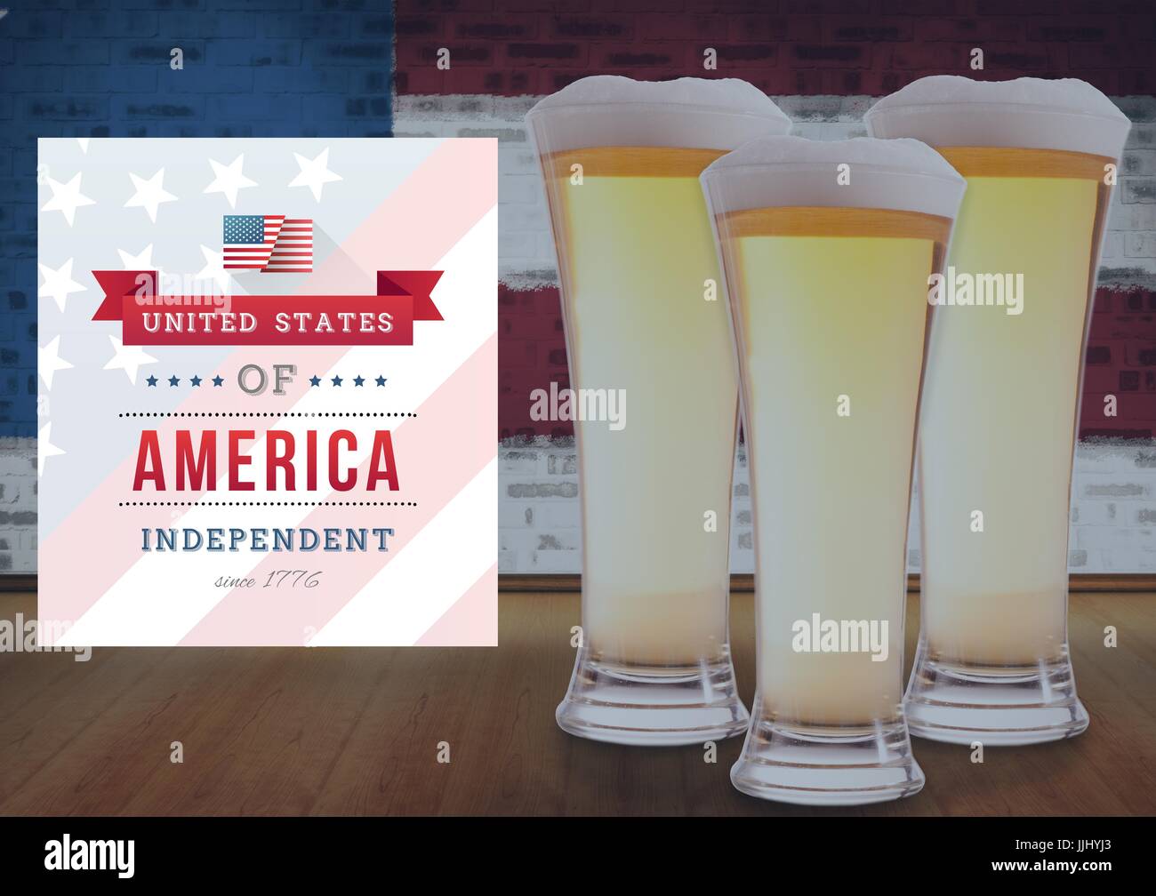 Birre su un tavolo contro 3D bandiera americana Foto Stock
