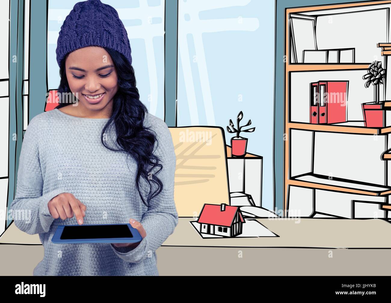 Giovane donna con cappello viola e tablet in ufficio con le linee di colore Foto Stock