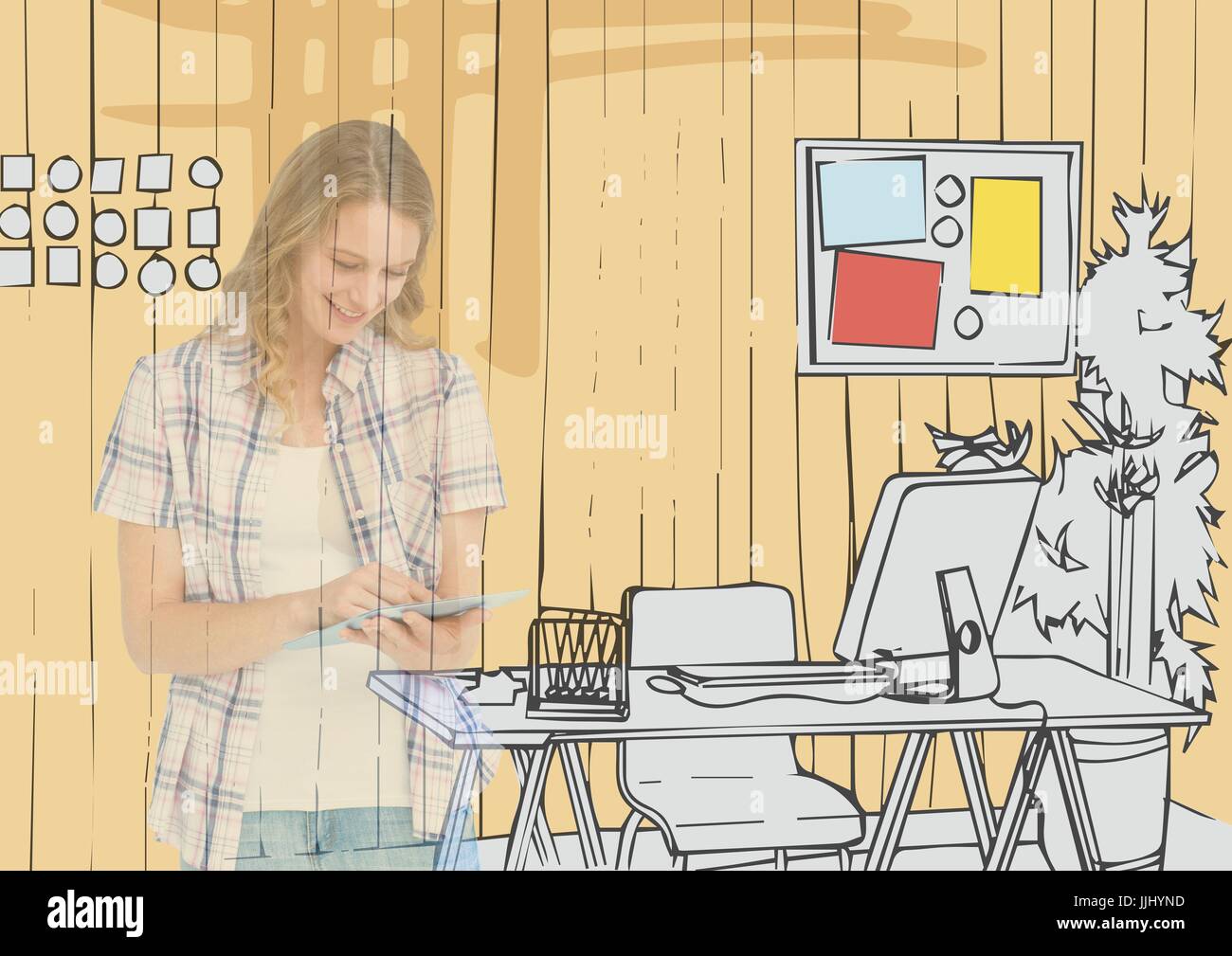Giovane donna felice disegno su tablet il 3D Ufficio linee. Siamo in grado di vedere lei sulle linee di office Foto Stock