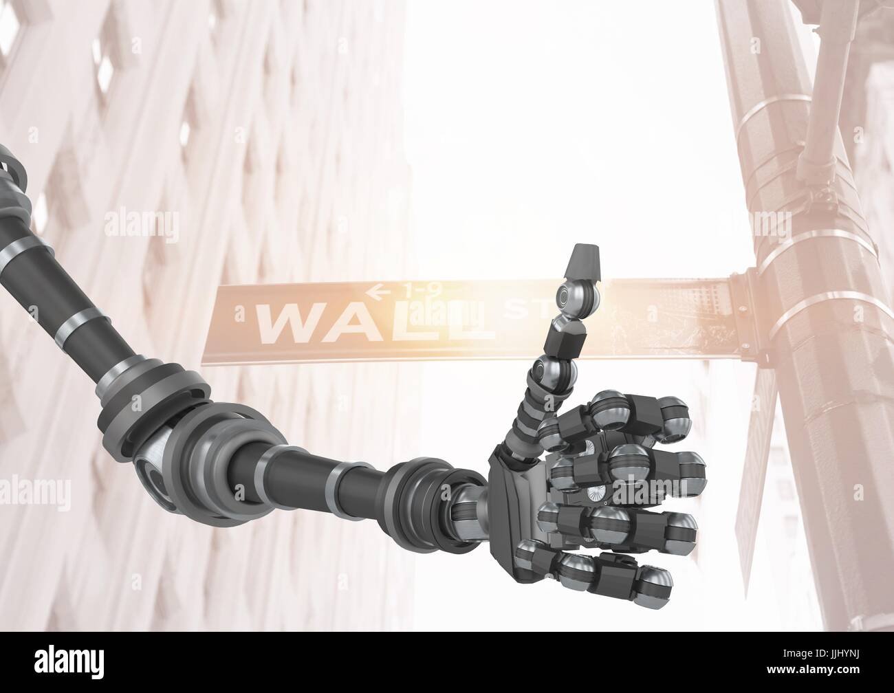 Pollice su braccio di robot su Wall street Foto Stock