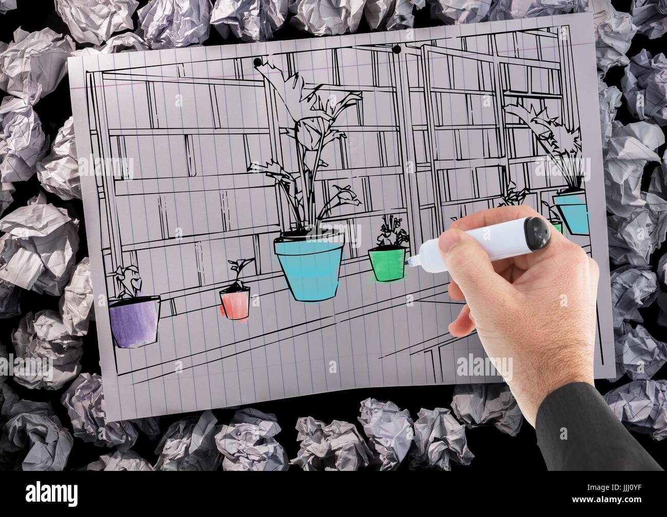 3D Disegno a mano le linee di office su un foglio di carta con dettagli a colori Foto Stock