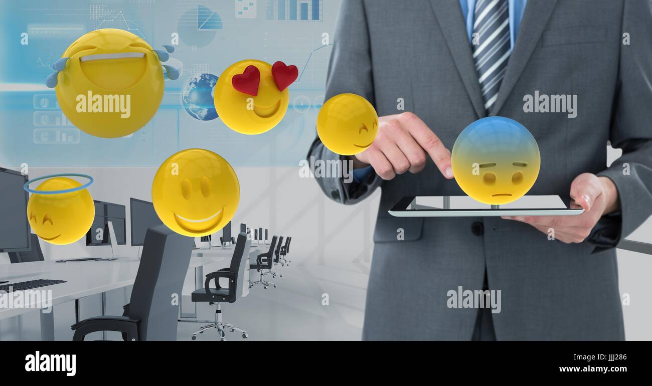 Sezione mediana di imprenditore con tavoletta digitale con 3d vari emojis Foto Stock