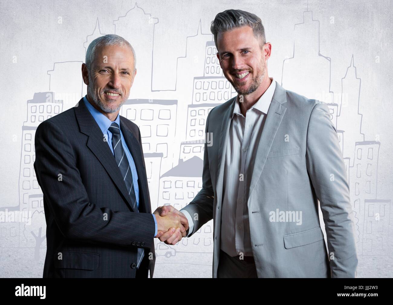 Gli uomini d' affari stringono le mani contro il muro bianco con city doodle Foto Stock