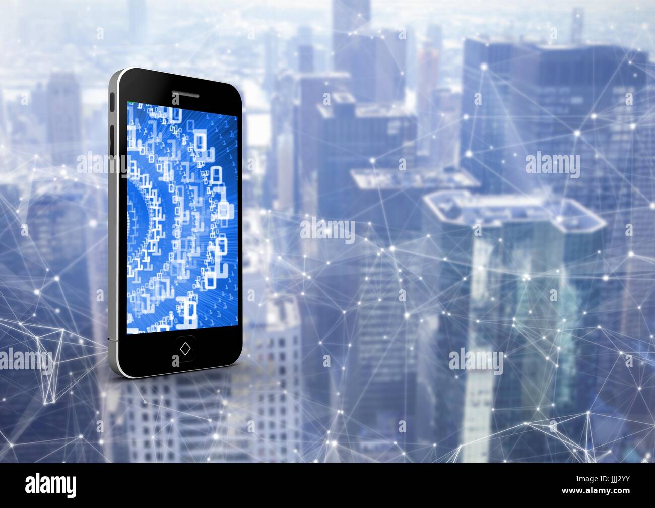 3d Smartphone nella parte anteriore di sfondo digitale con grafica Foto Stock