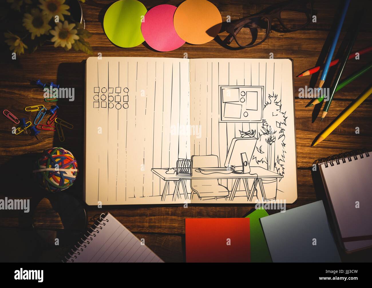 Office doodle su notepad circondato da fermo Foto Stock