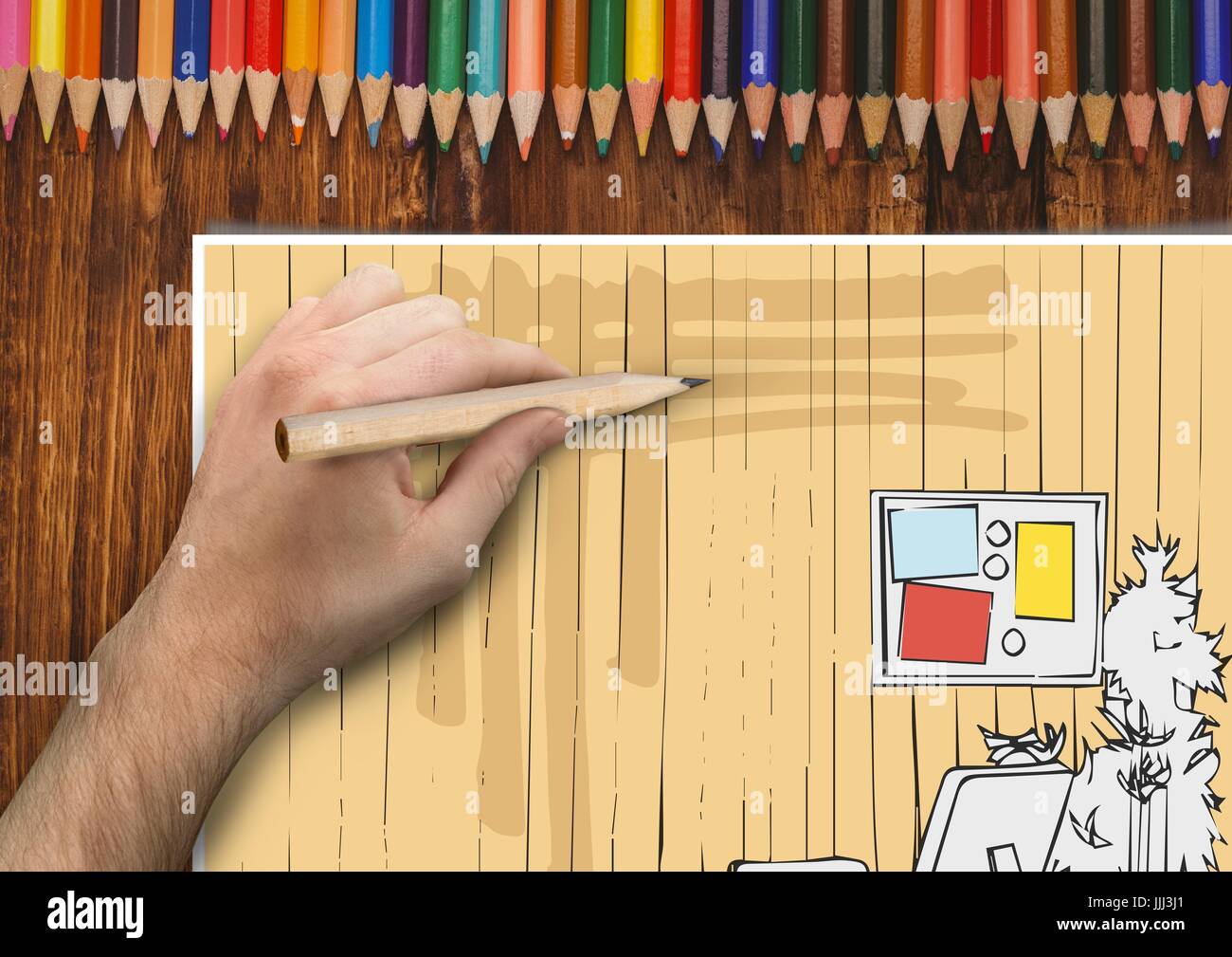 Disegno a mano le linee di office su un foglio di carta nel desck Foto Stock