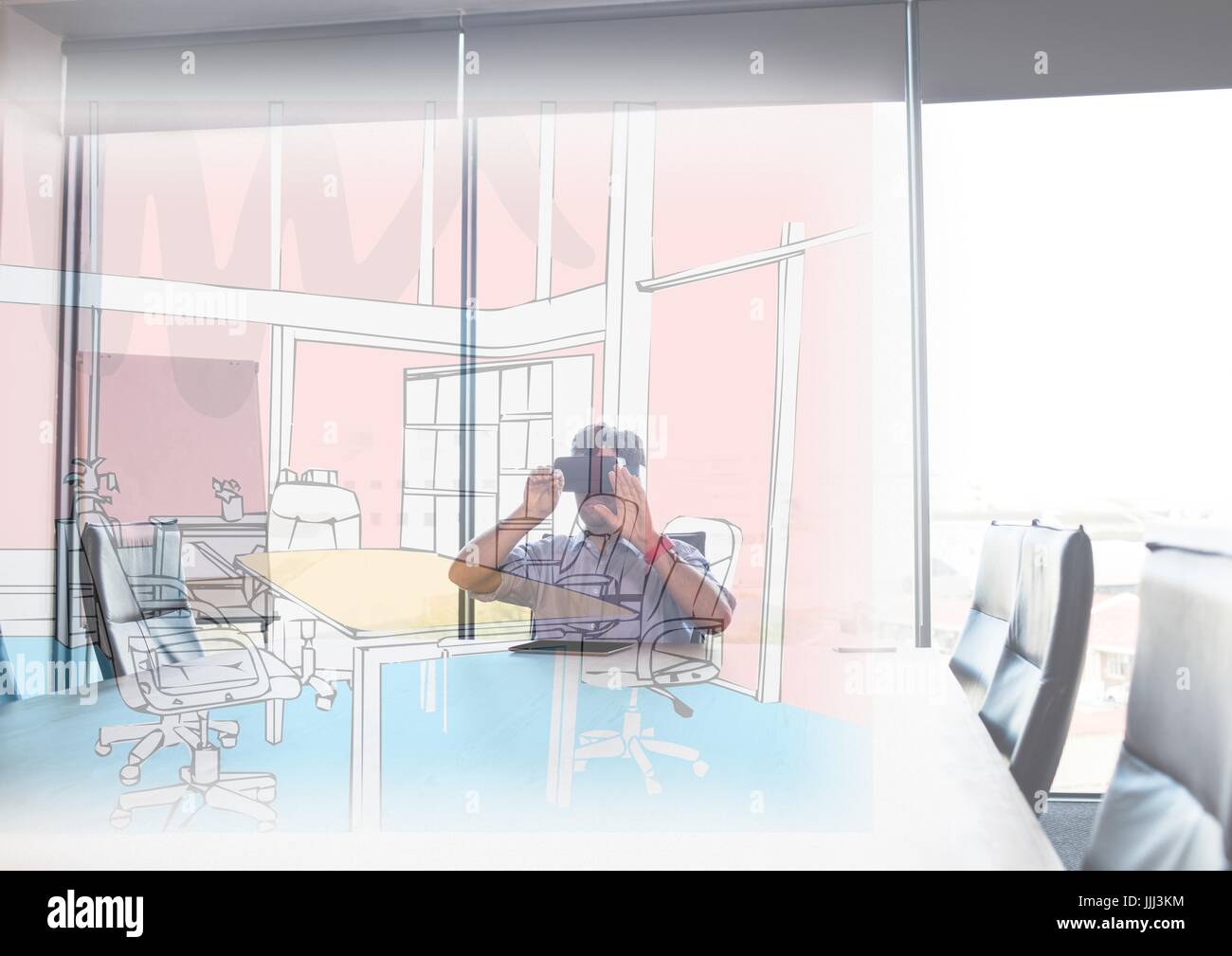Uomo con gli occhiali 3D guardando le linee della nuova sala di riunione nella sala riunioni Foto Stock