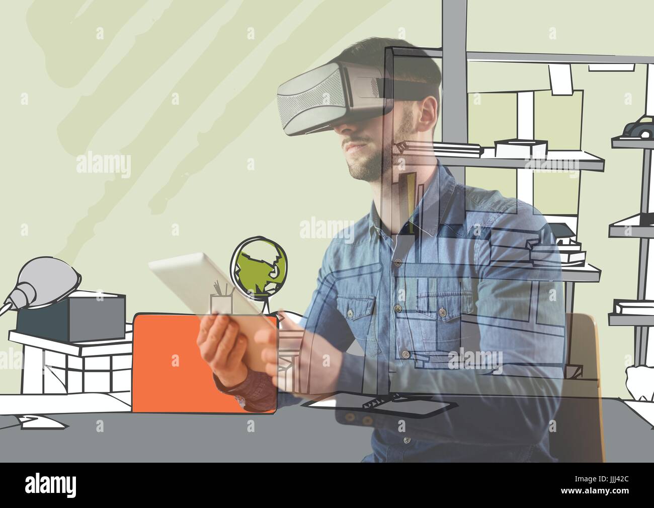 Uomo con occhiali 3D e tablet si sovrappongono con 3D Ufficio nuove linee. Foto Stock