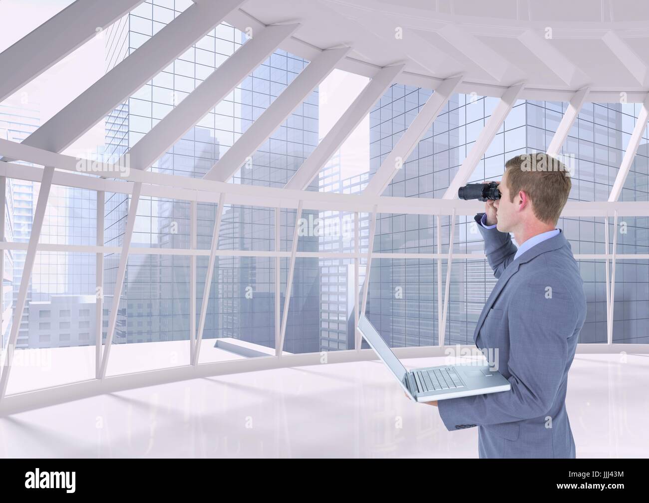 Uomo che guarda attraverso il binocolo contro sfondo costruzione 3d Foto Stock