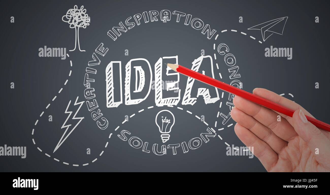Mano con matita rossa rivolta a 3D'idea bianco scarabocchi contro uno sfondo grigio Foto Stock