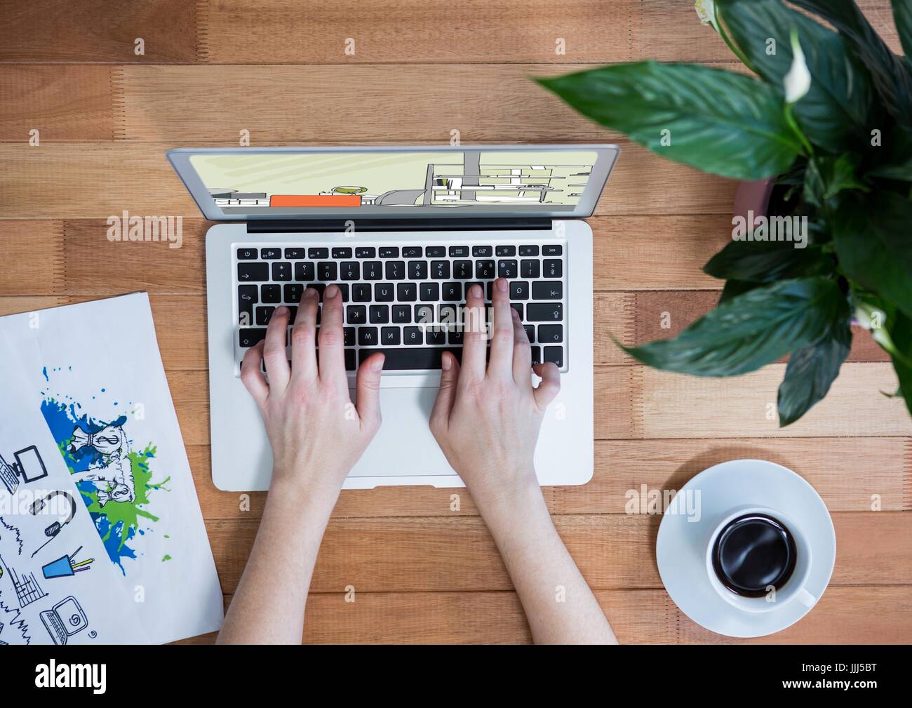 Lapotop su un banco con le mani e ufficio linee sullo schermo ( colore) Foto Stock