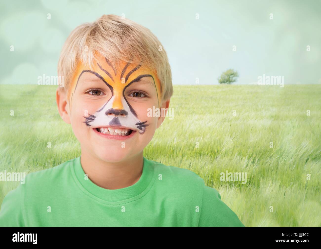 Ragazzo con tiger facepaint contro prato con flare Foto Stock