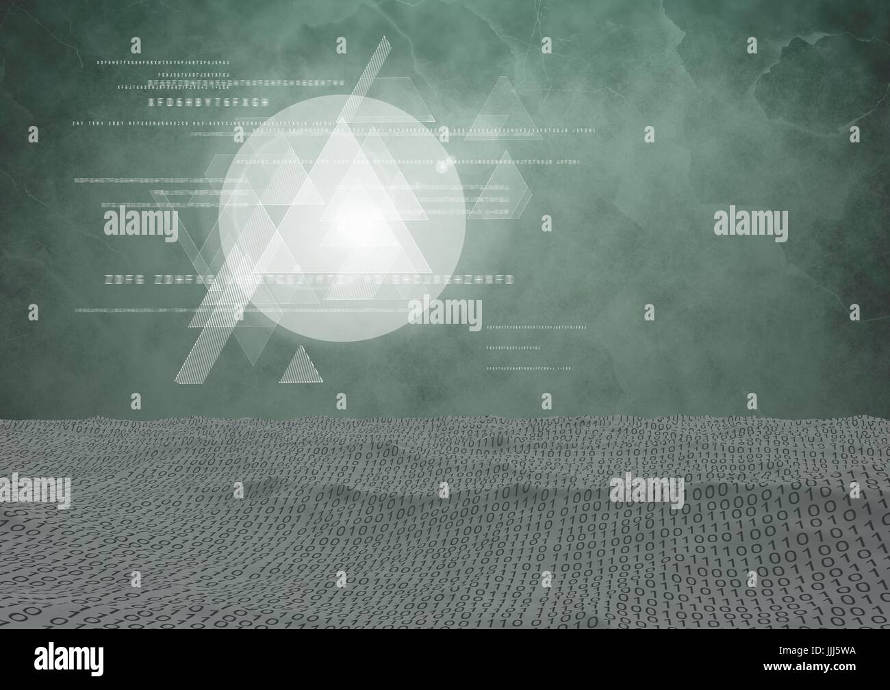 Sfondo verde con disegni digitali di cerchi e un triangolo Foto Stock