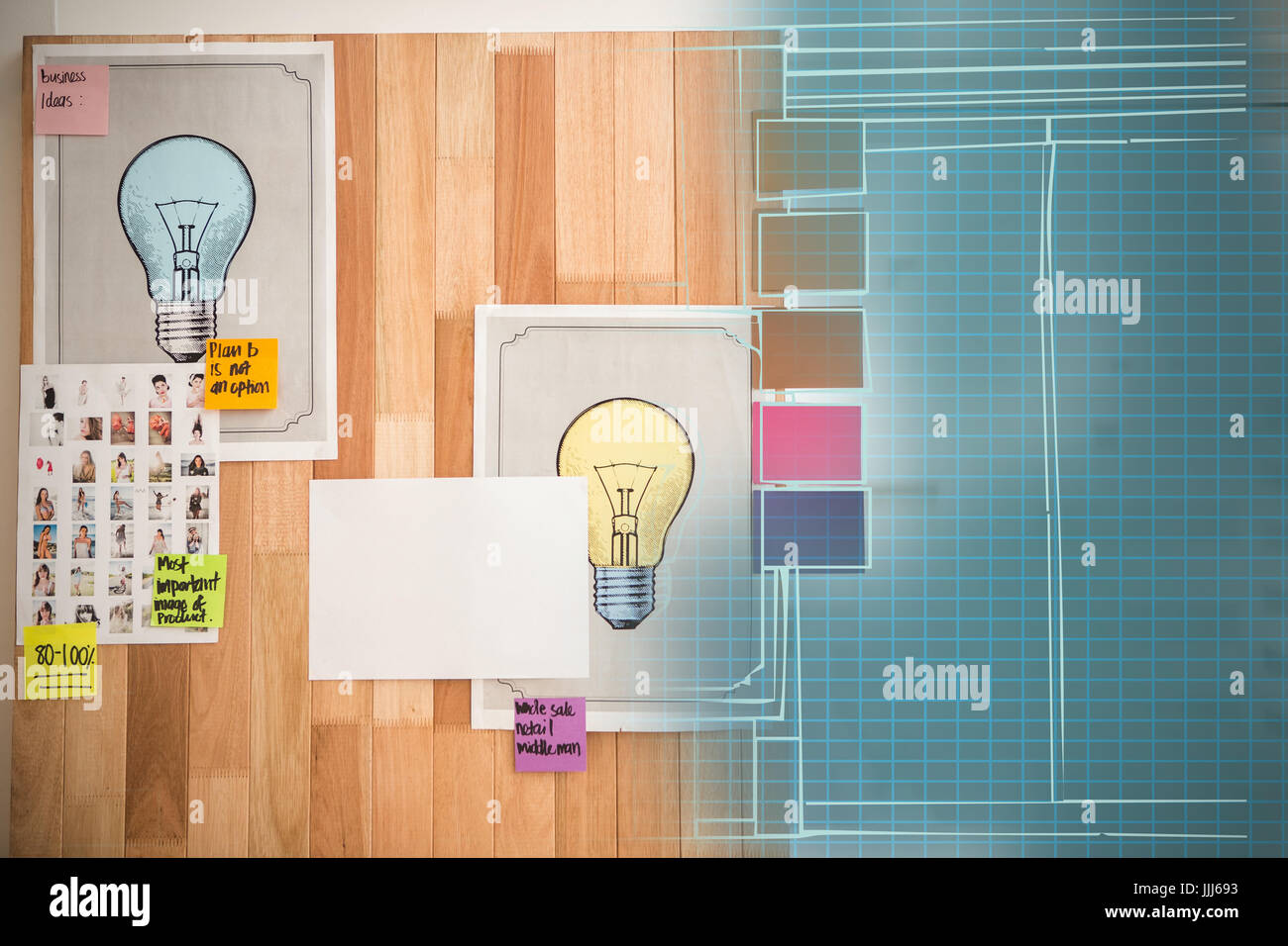 Composite immagine 3d della lampadina grafici attaccata sulla parete in legno Foto Stock