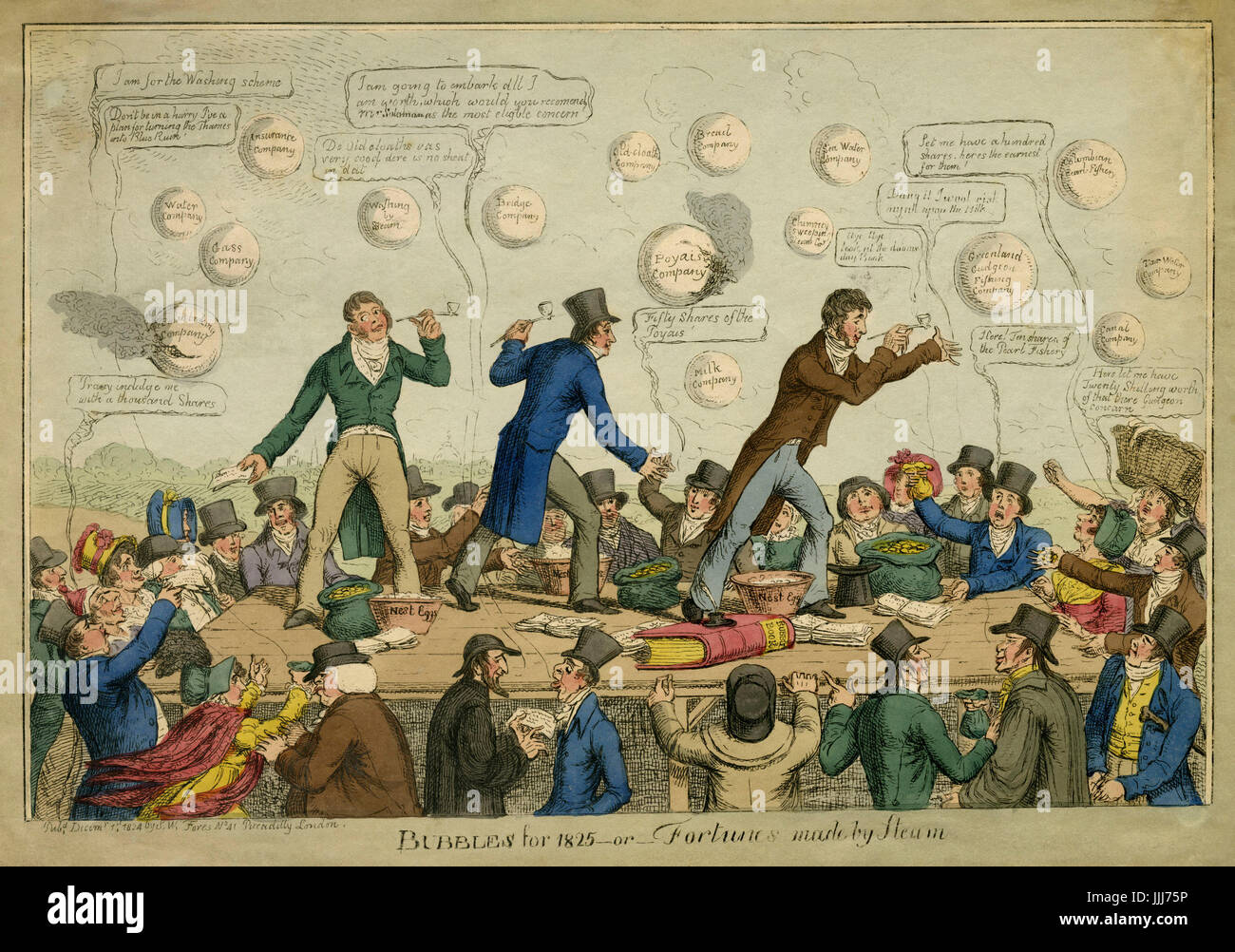 Bolle per 1825 - o - Fortune realizzato da vapore. La scena si riferisce al panico del 1825, il primo moderno crisi economica, precipitata dalla speculazione investimenti in Gran Bretagna il nuovo tempo di pace economia. I banchieri vendere bolle, alcuni dei quali, come il famigerato Poyais bolla, hanno già burst. Il 1 dicembre 1824. Incisi da S W Fores. Nota due ebrei di fronte all immagine che detiene azioni. Foto Stock