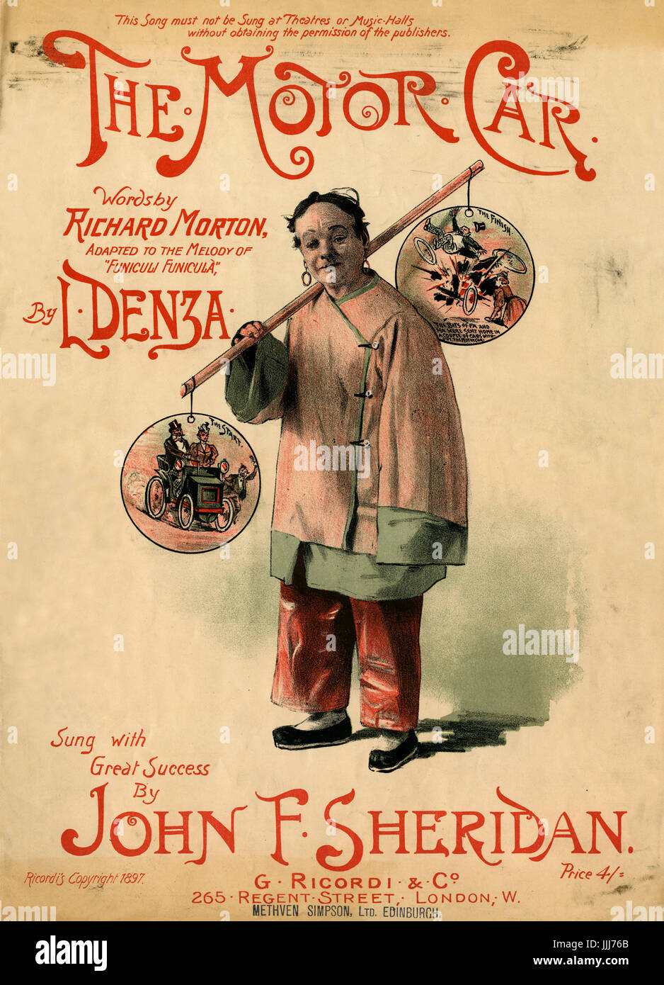 La vettura di Luigi Denza (1846-1922), parole di Ricard Morton, adattata per la melodia di 'Funiculi Funicula'. La didascalia recita: "ung con grande successo da John F. Sheridan'. Punteggio ottenuto coprire da H.G. Le banche dell'attore John F. Sheridan in abiti cinesi che porta una lanterna doppia pole con illustrazione dettagliata su ciascuna estremità, di inizio e fine del drive in auto. Pubblicato 1897, Ricordi, Londra Foto Stock