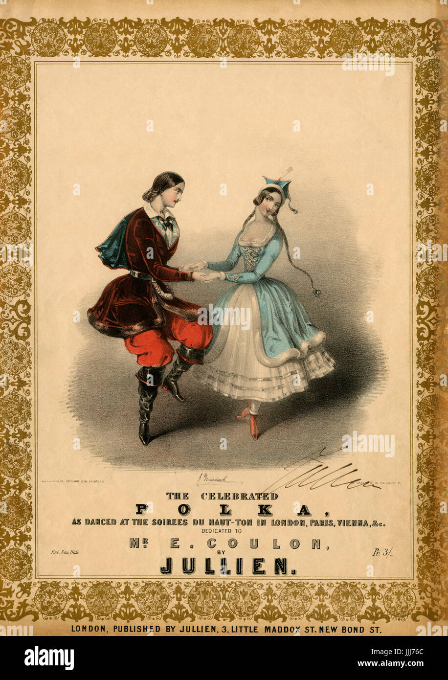 Coppia danzante la Polka c.1845.Cliente copertura da Jullien 'ha celebrato la polka come ballato al Soirees du Haut-ton a Londra, Parigi, Vienna.' cliente coperchio.artista John Brandard . Stampato da M & N Hanhart . Matura sulla base di Carlotta Grisi e Jules Perrot nel 1844 ballare la polka bohemien. Jullien - compositore francese e il conduttore, originariamente Louis Antoine Jullien (1812-1860). Foto Stock