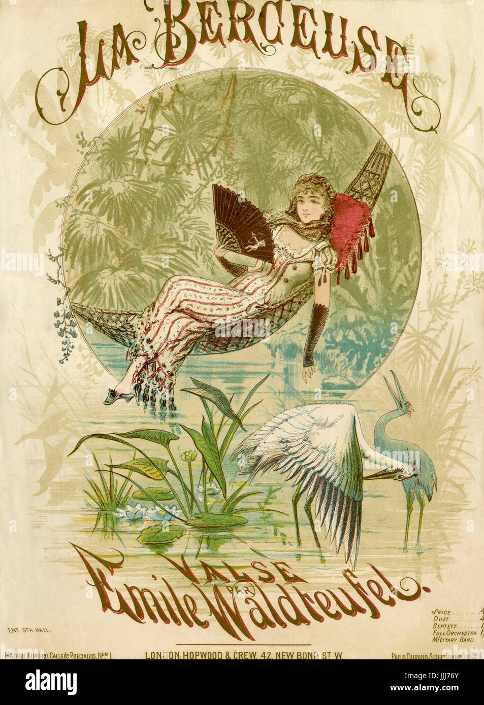 La Berceuse Valse (la ninna-nanna valzer) da Emile Waldteufel (1837-1915), 1876. Punteggio ottenuto il coperchio. Due aironi pascolano in i gigli mentre una giovane donna giace su una amaca con una ventola . Pubblicato da Hopwood & Crew, Londra. Foto Stock