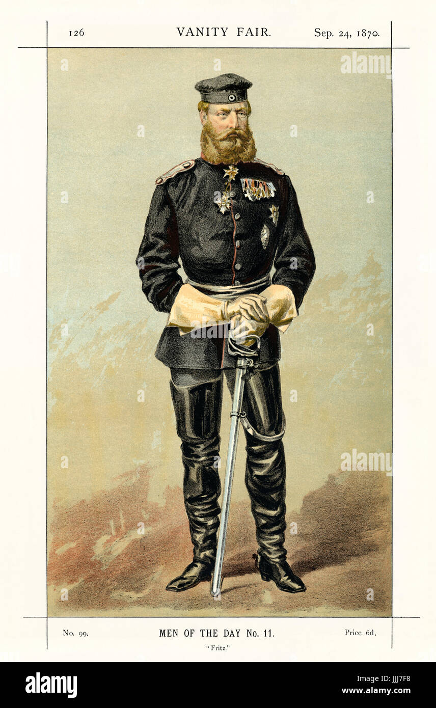 Friedrich Wilhelm Nikolaus Karl - Ritratto in piedi in nero uniforme militare con la spada. Vanity Fair caricatura da Coide (vero nome James Jacques Tissot, 1836-1902). La didascalia recita 'Men del giorno n. 11: Fritz, datata 24 settembre 1870. FWNK, principe ereditario di Prussia (più tardi Imperatore Tedesco e re di Prussia per 99 giorni): 18 Ottobre 1831 - 15 giugno 1888. Foto Stock