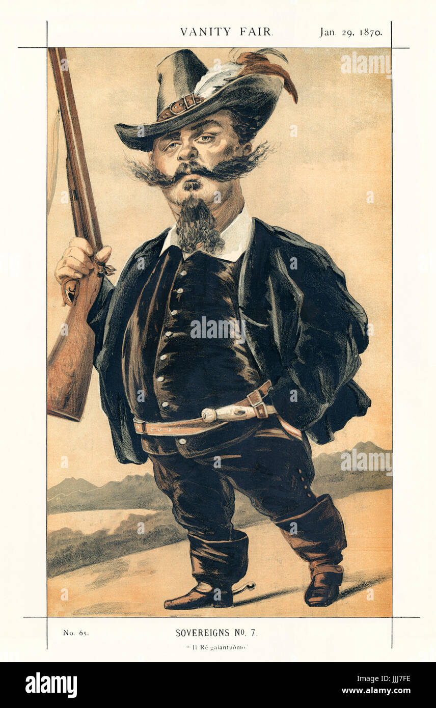 Vittorio Emanuele I - Ritratto in piedi tenendo un fucile. Vanity Fair caricatura da Coide (vero nome James Jacques Tissot, 1836-1902). La didascalia recita "overeigns n. 7: Il Re Galantuomo, datata 29 gennaio 1870. VE, re di Sardegna (in seguito il primo re d'Italia): 14 Marzo 1820 - 9 gennaio 1878. Foto Stock