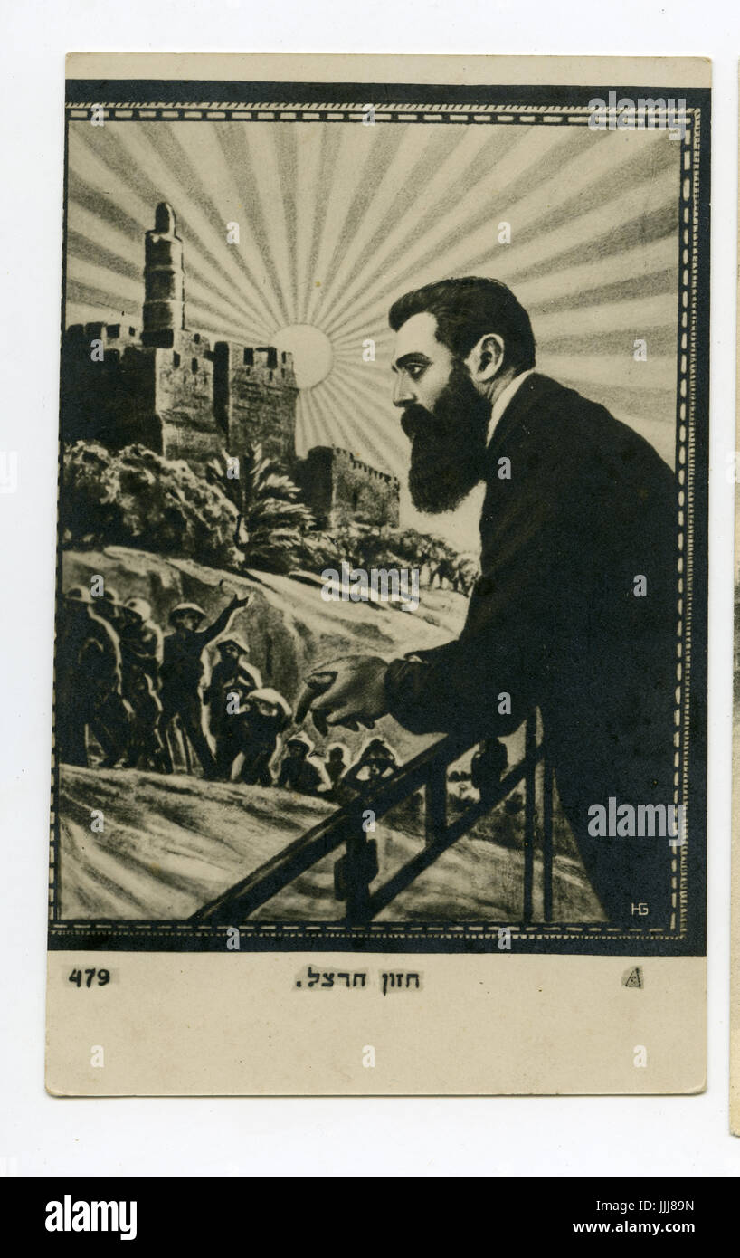 Theodor Herzl (2 maggio 1860 - 3 luglio 1904), nato Benjamin Ze'ev Herzl, fondatore del Mondo Organizzazione sionista. Illustrazione idealizzato imagingin Holdy la terra e Gerusalemme. Foto Stock