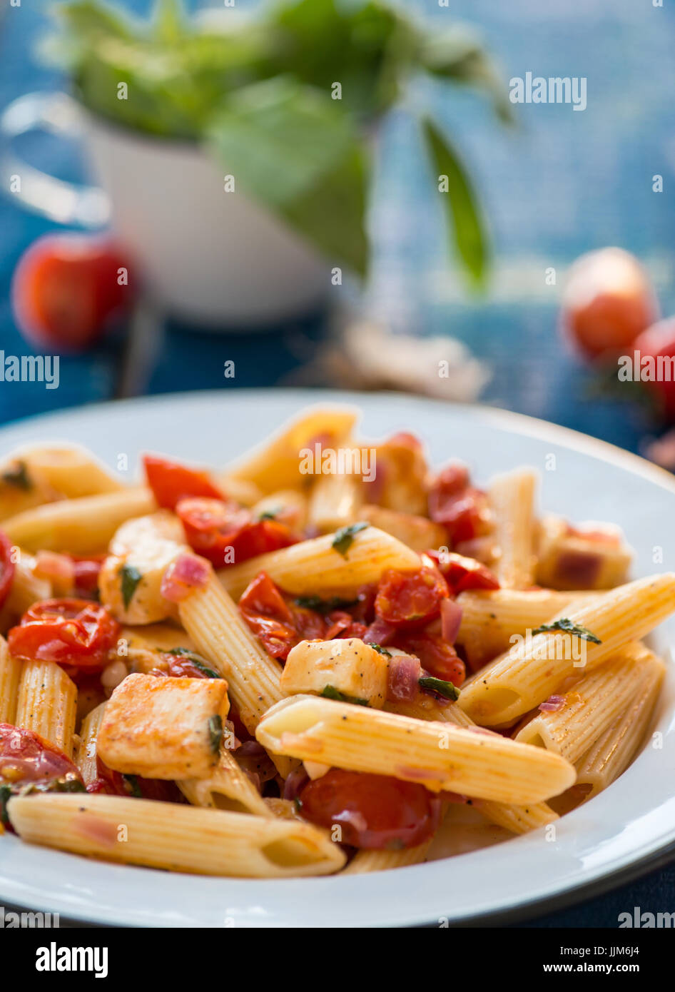 Penne colorate con pasta al pomodoro e basilico Foto Stock