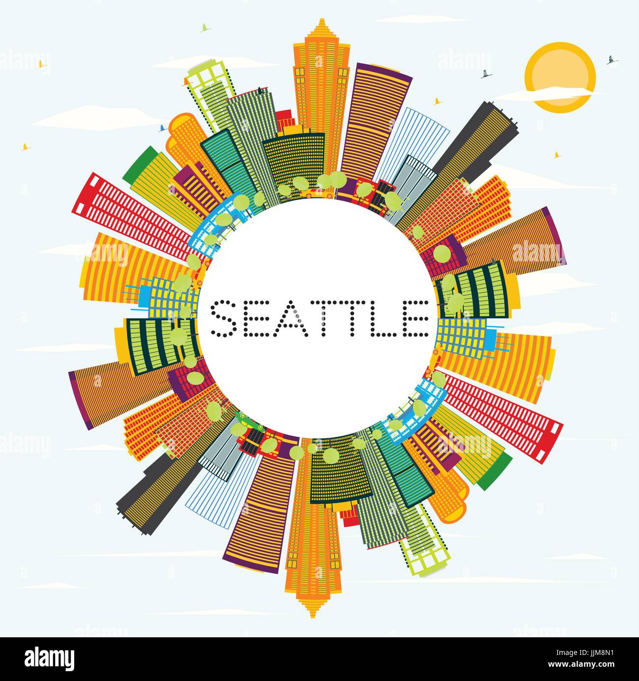 Lo skyline di Seattle con edifici di colore e spazio copia. illustrazione vettoriale. viaggi di affari e di turismo con il concetto di architettura moderna. Illustrazione Vettoriale