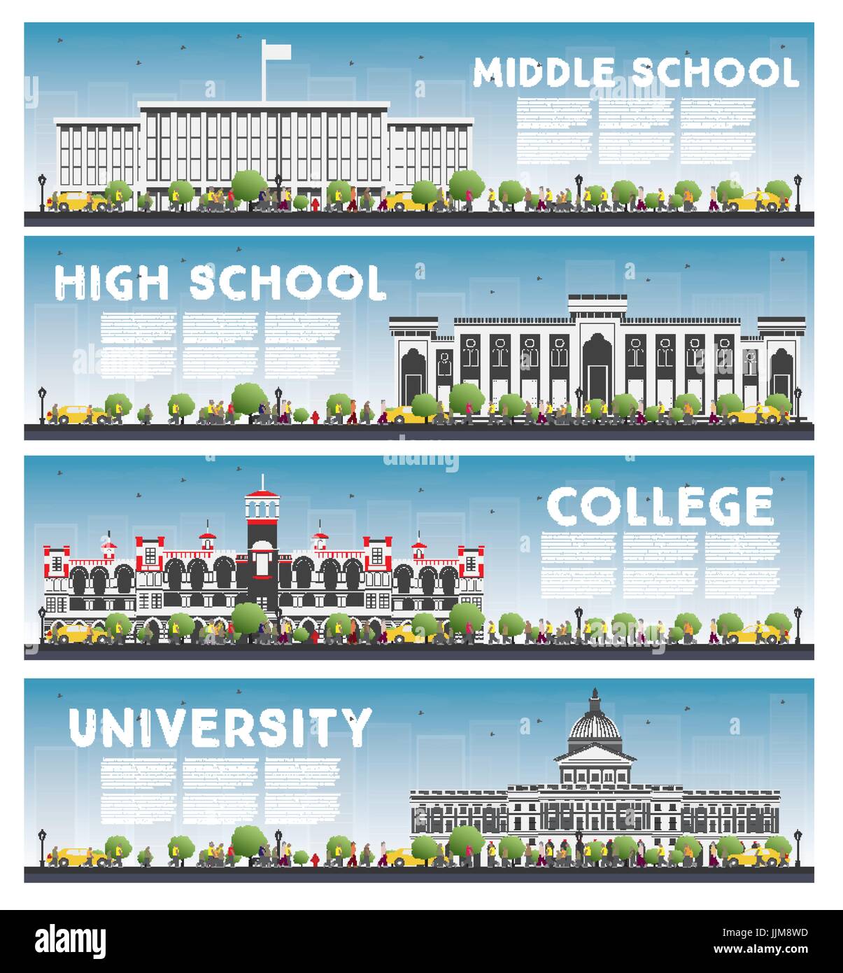 Set di università, High School e College Studio banner. Illustrazione Vettoriale. Agli studenti di accedere all'edificio principale dell'Università. Illustrazione Vettoriale