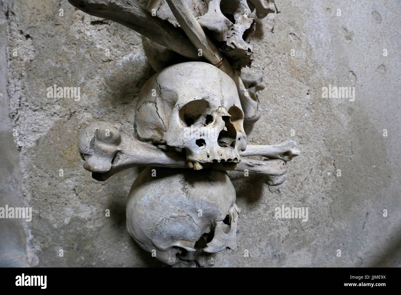 Disposizione di teschi e le ossa a Kutna Hora Foto Stock