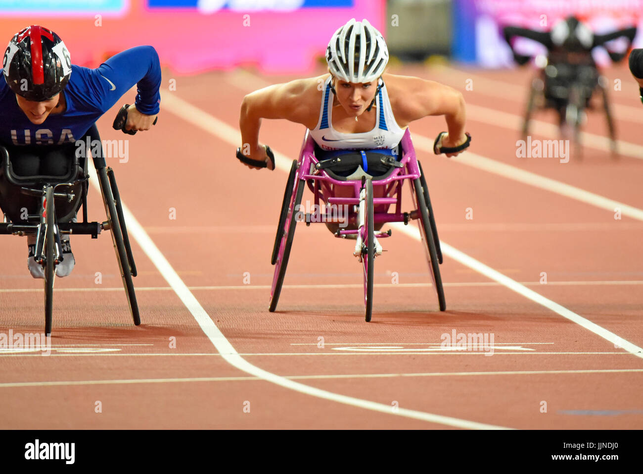 Samantha Kinghorn gareggia ai Campionati mondiali di atletica leggera Para allo Stadio Olimpico di Londra, 2017. T53 finale Foto Stock