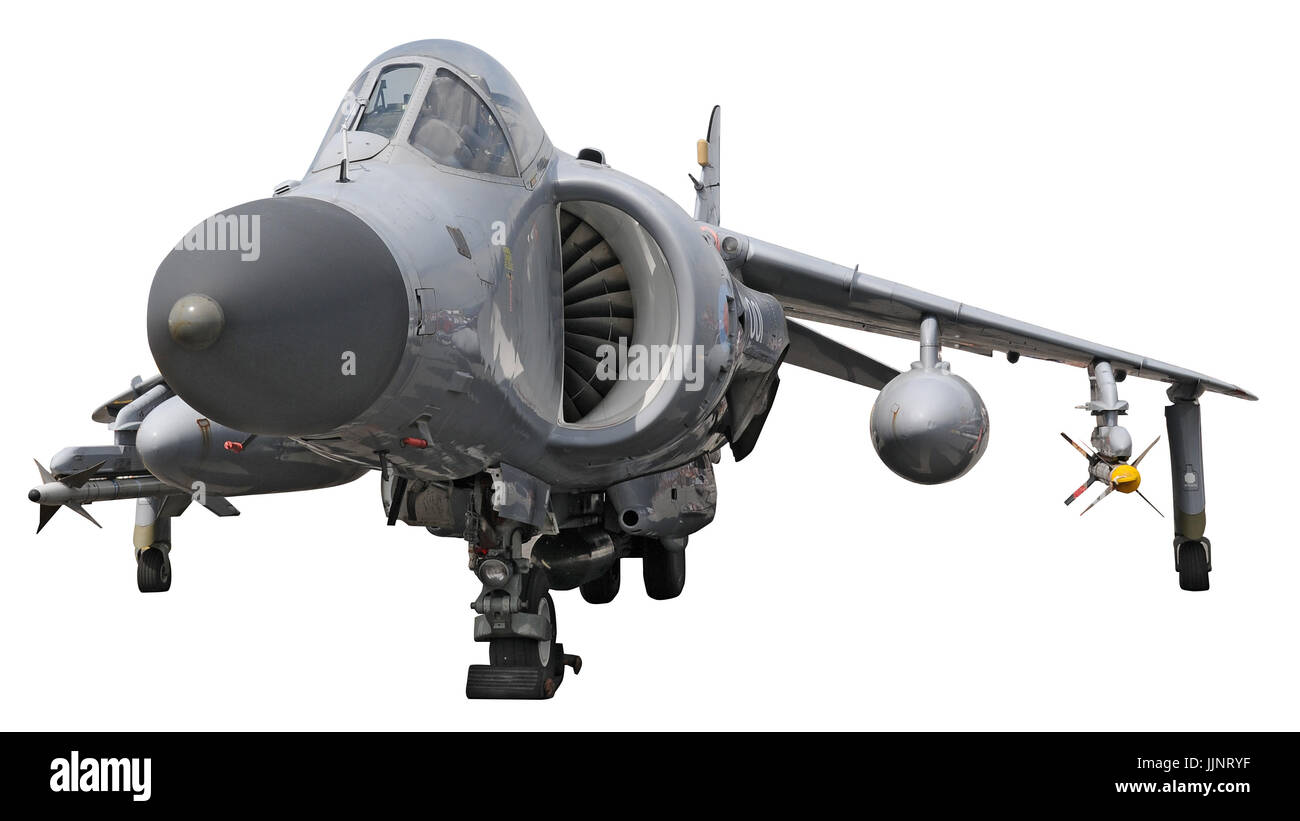 Un Sea Harrier Jump Jet isolato su uno sfondo bianco Foto Stock