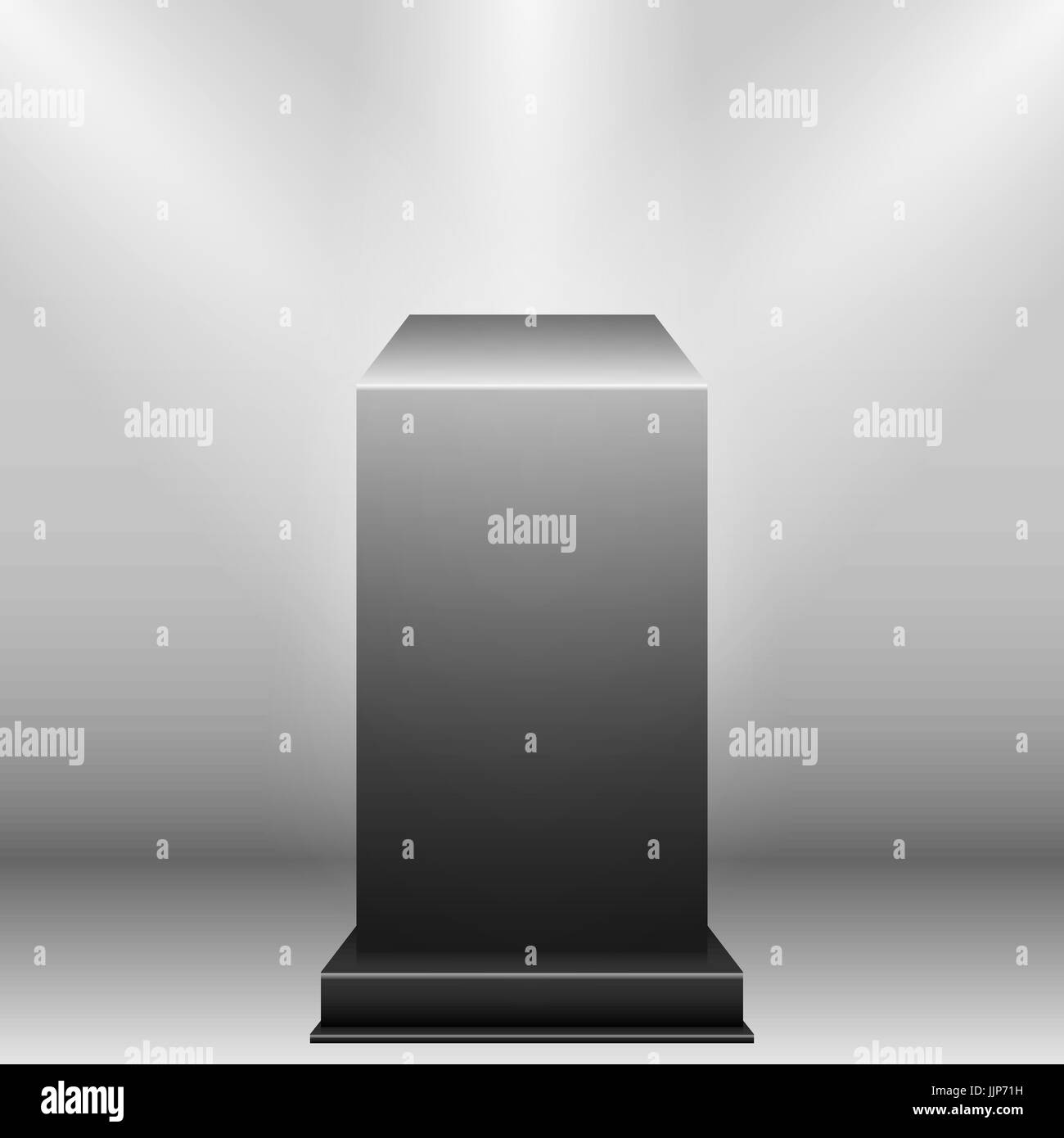 Piedistallo nero con sorgente luminosa isolato su sfondo grigio, illustrazione vettoriale. Illustrazione Vettoriale