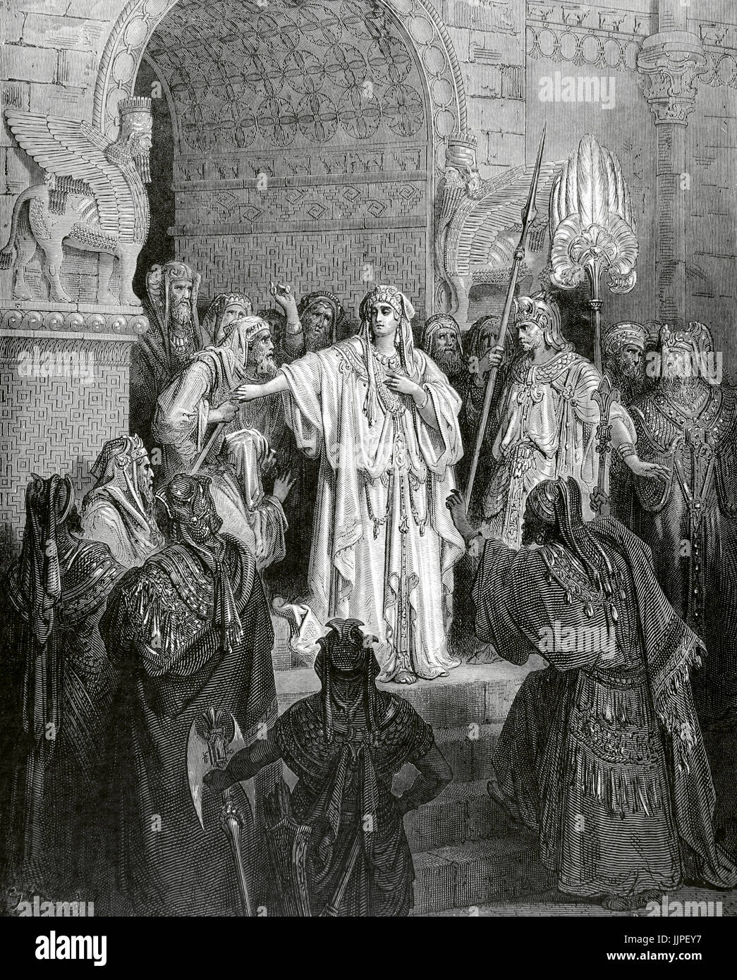 Il Vecchio Testamento. La regina Vashti, moglie di Assuero Xerxes (I) si rifiuta di obbedire a suo marito gli ordini per esporre se stesso per i suoi ospiti. Libro di Esher, capitolo I versetti 9-13. Disegno di G. Dore. Incisione di Panemaker. Foto Stock