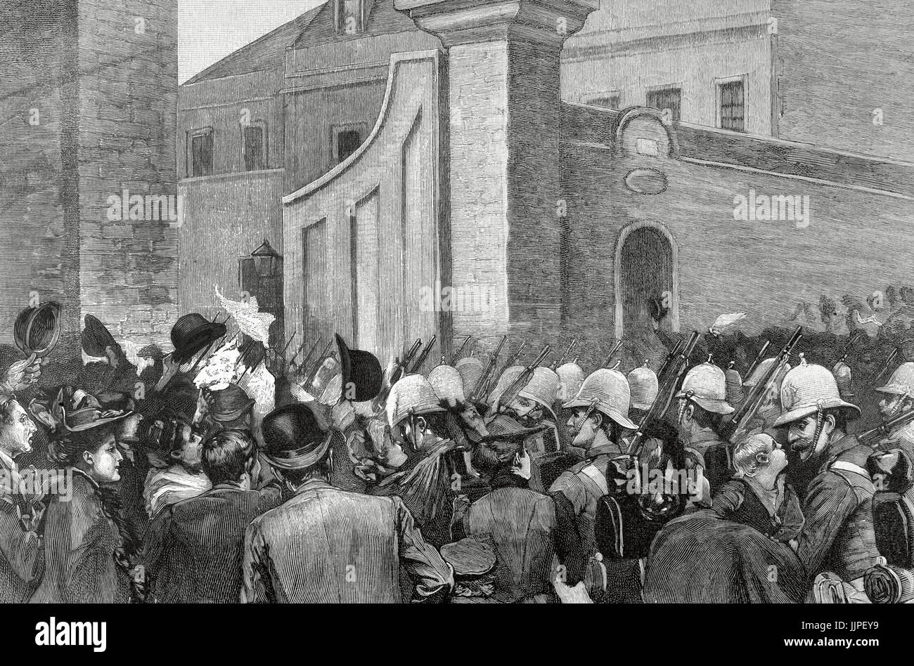 Grande Guerra, 1892. La mobilitazione di un esercito inglese. Truppe provenienti fuori il Portsmouth dyke gate. Incisione di S. legno. La illustrazione artistica, 1892. Foto Stock