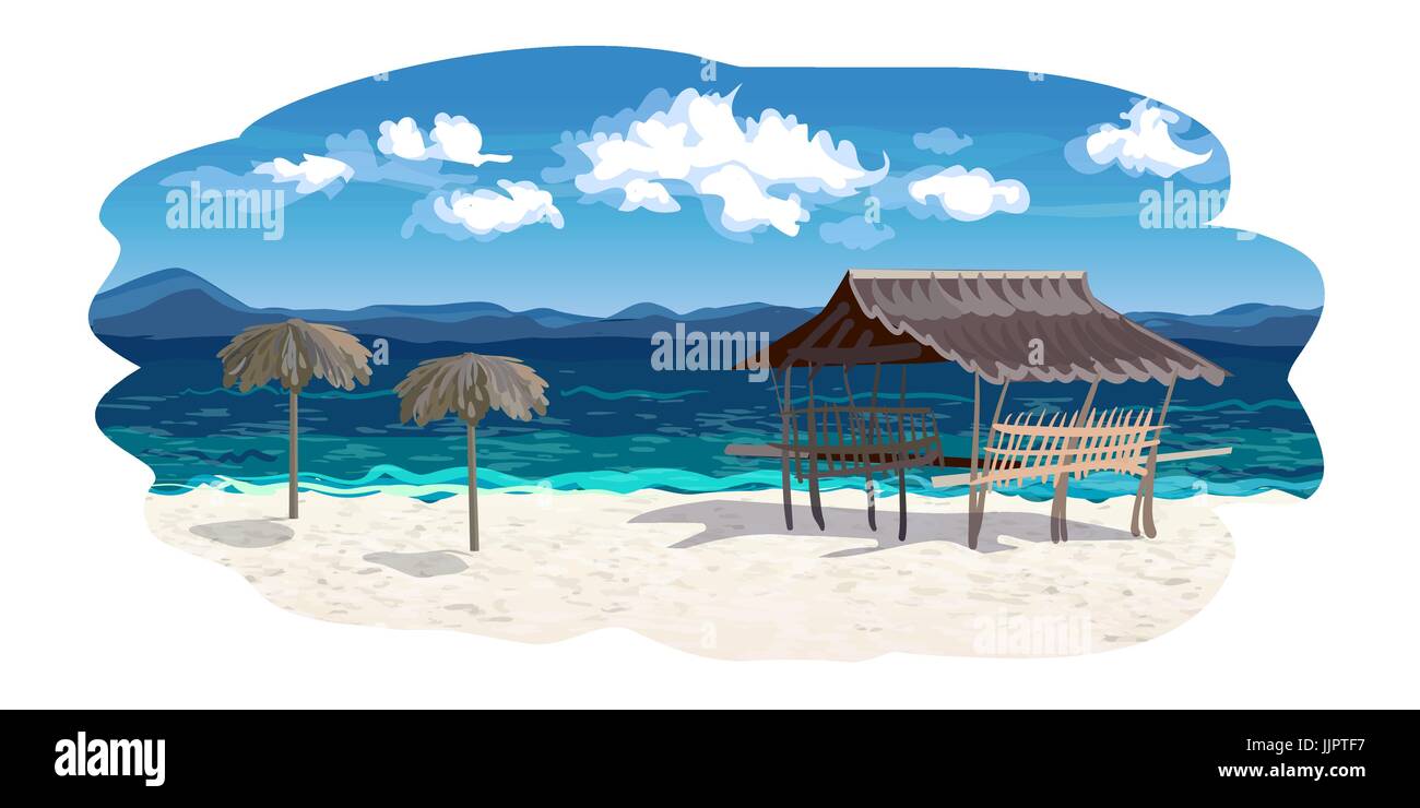 Il Seaside sfondo nel vettore, spiaggia vuota, sabbia bianca, ricci nuvole, l'ombrello di rami di palma e un gazebo Bungalow. Colore vec Illustrazione Vettoriale
