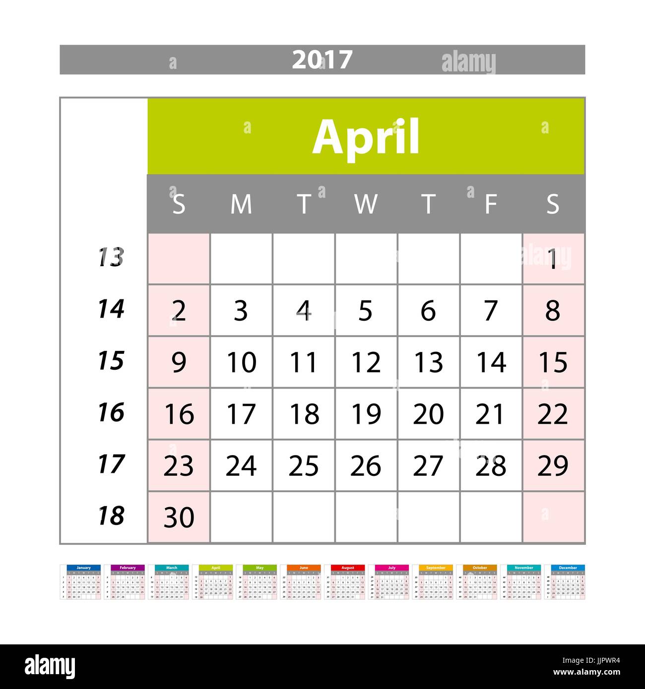 Semplice digitale calendario per il mese di aprile 2017. Vettore calendario  stampabile. Utilità di pianificazione mensile. Settimana comincia la  domenica. Inglese arte del calendario Immagine e Vettoriale - Alamy