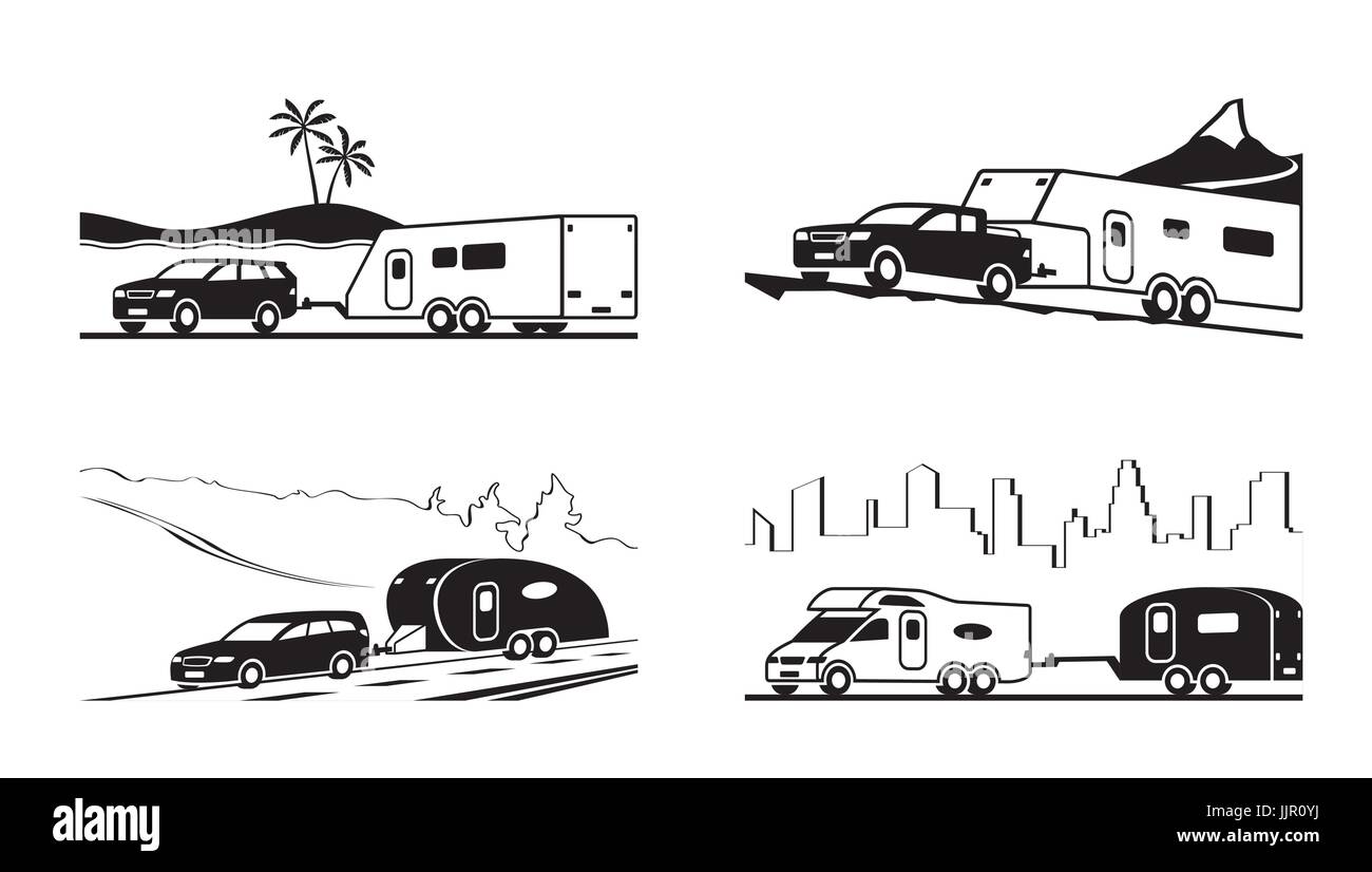 Auto con roulotte e camper - illustrazione vettoriale Illustrazione Vettoriale
