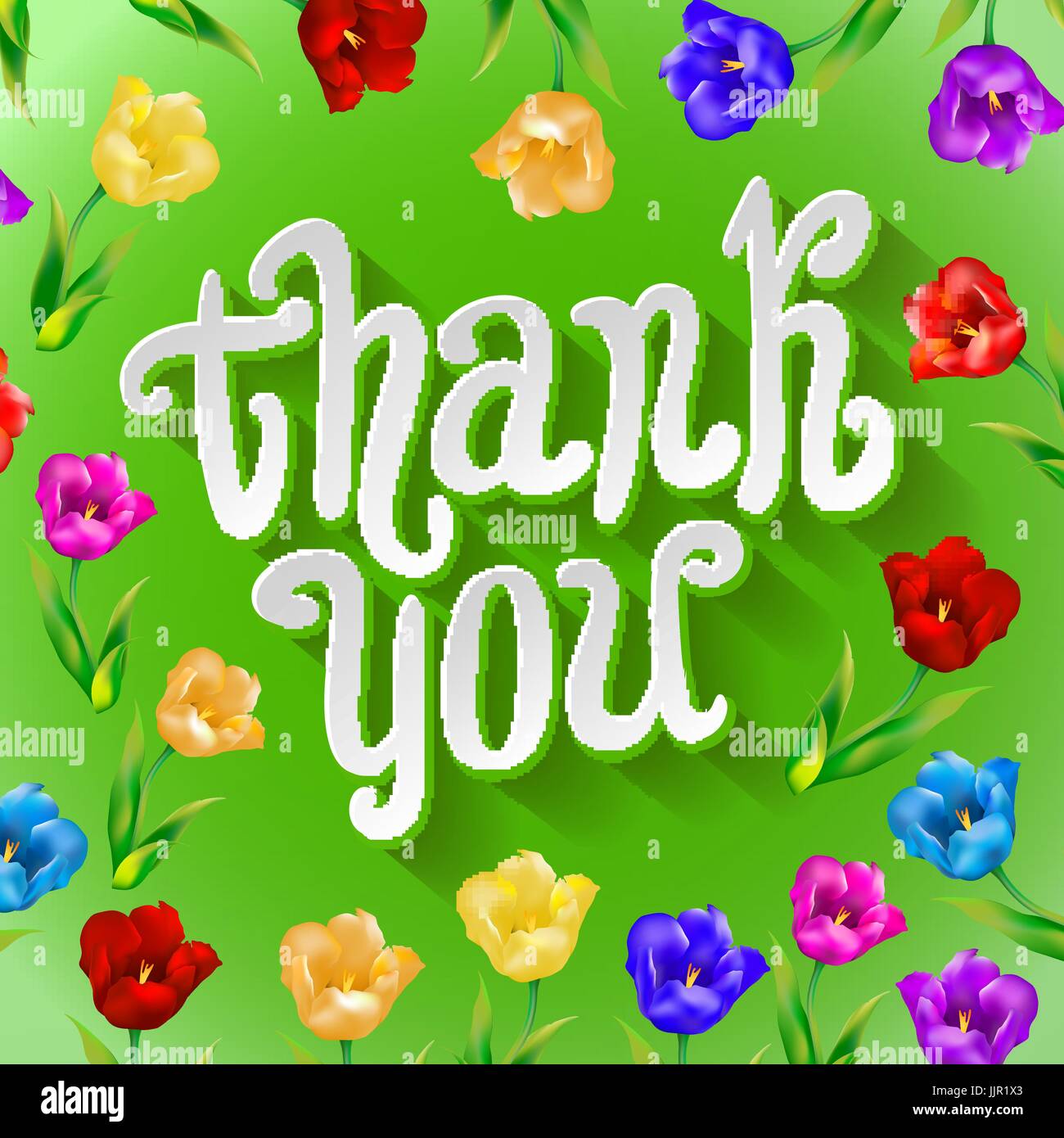 Grazie! Luminose scheda cartoon fatta di fiori e farfalle. Sfondo floreale in colori estivi arte Illustrazione Vettoriale