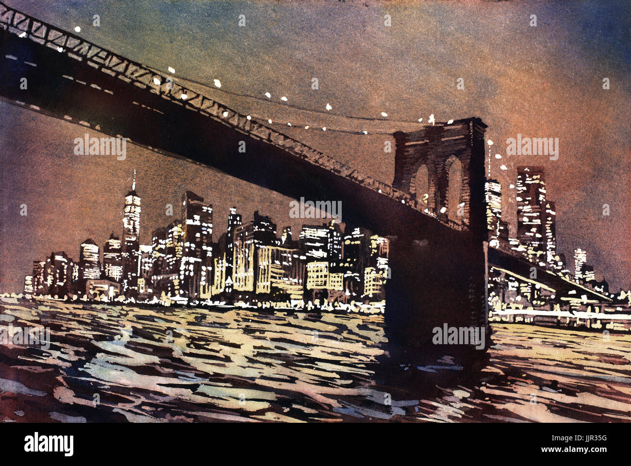 Il Ponte di Brooklyn e grattacieli di Manhattan al tramonto nella città di New York - New York, Stati Uniti d'America. La pittura ad acquerello. Foto Stock