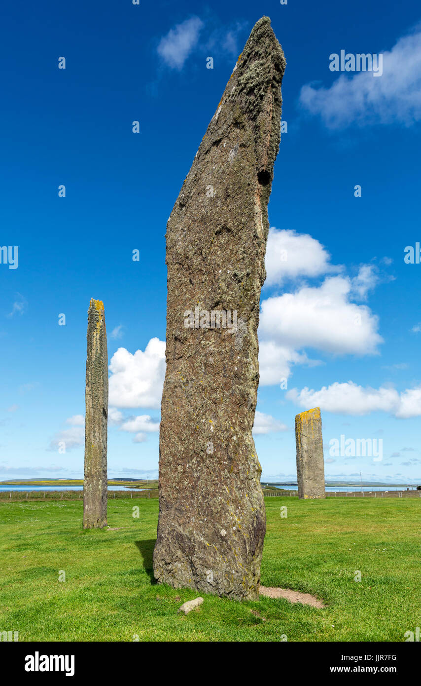 Pietre permanente di Stenness, Orkney. Resti di una pietra del neolitico henge databili intorno 3100 BC, Continentale, Orkney, Scotland, Regno Unito Foto Stock