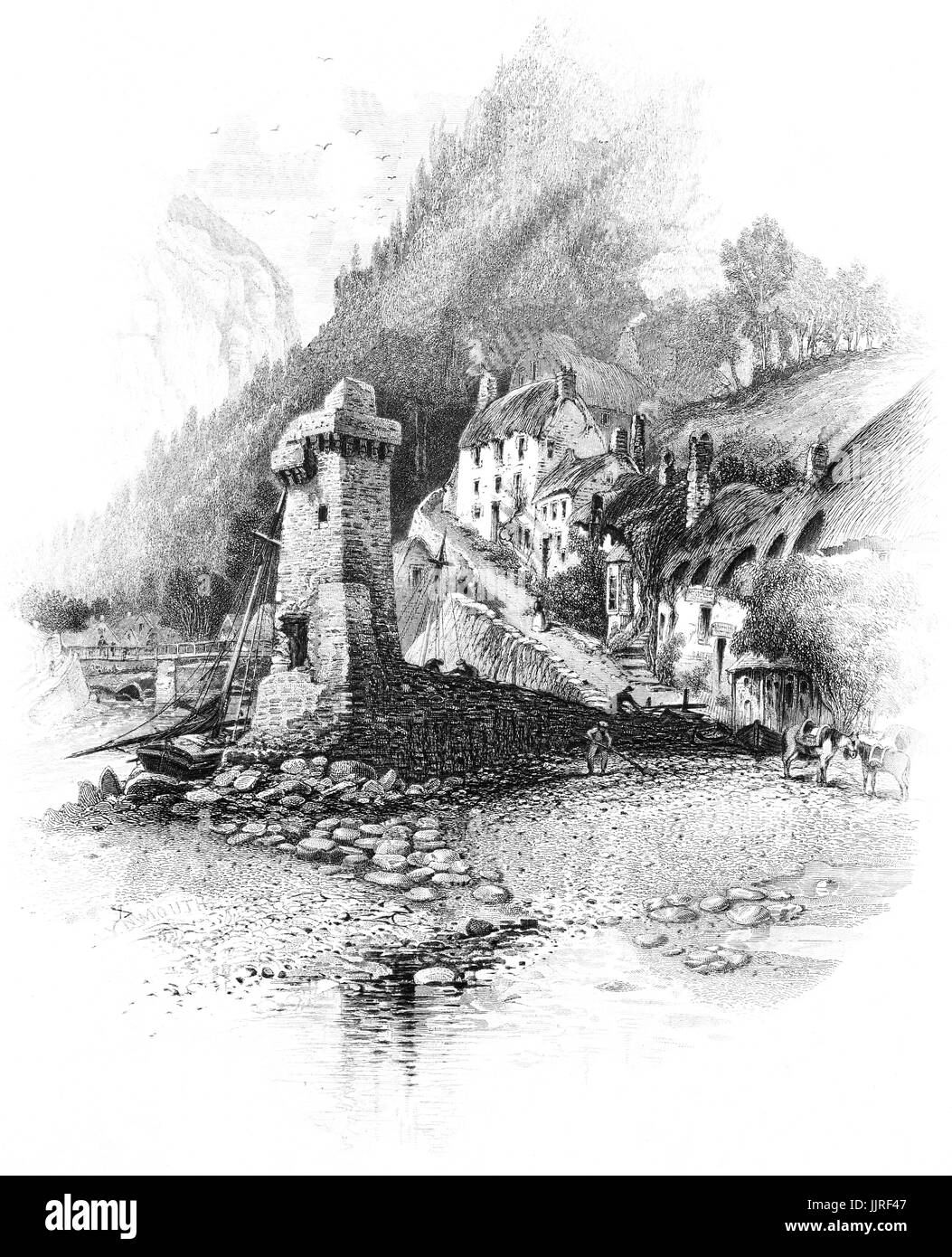 1870: una vista del villaggio di ripide strade dietro il porto e la torre renano sul quay. Fu costruita dal generale Rawdon per immagazzinare acqua salata per bagni interni. Successivamente è stato montato con una luce elettrica per uso come un faro. La torre originaria fu costruita in c.1860 ma ricostruito come una replica esatta dopo 1952 dei danni provocati dalle inondazioni, Lynmouth, Devon, Inghilterra Foto Stock